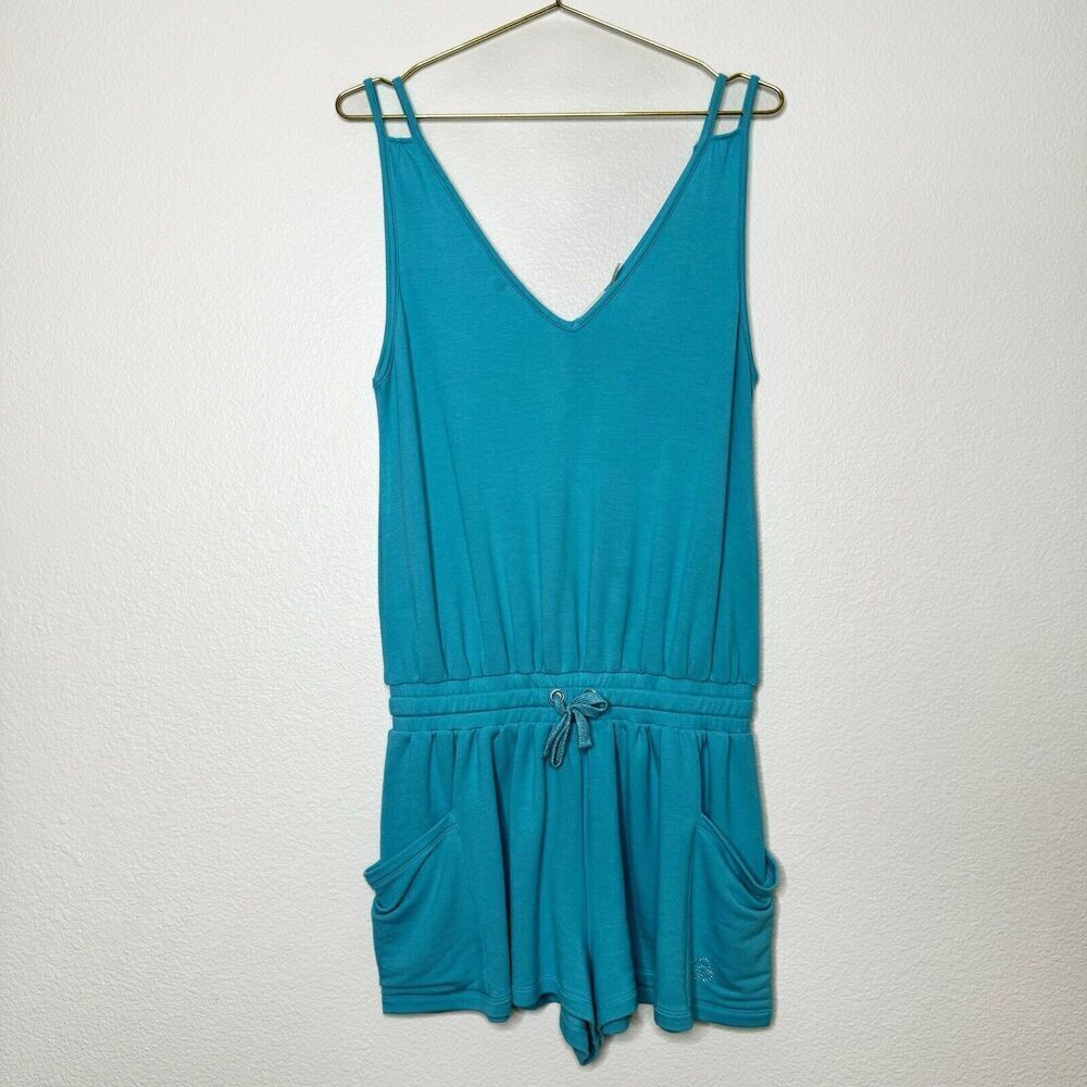 Ramy Brook Romper Size Medium Teal Blue Sleeveless Jersey Stretch Lounge Pockets